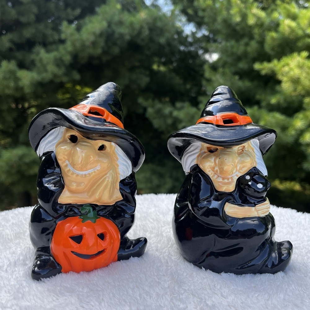 Vintage Halloween Witches 5.5"Ceramic Luminary Black Cat Jack-O-Lantern Taiwan